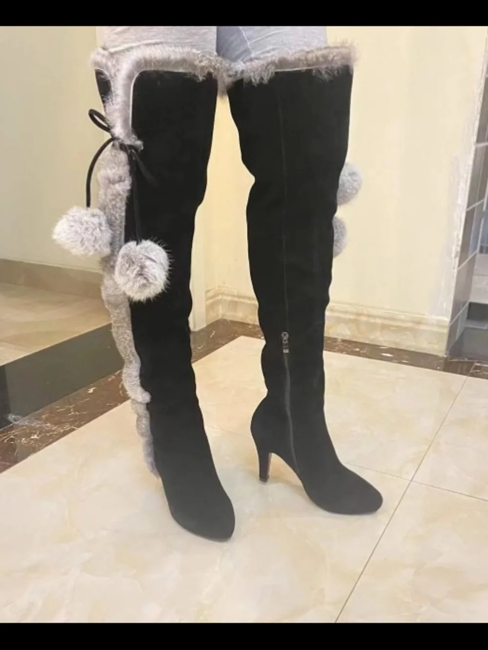 Black Over-the-Knee Heeled Boots with Gray Faux Fur Trim